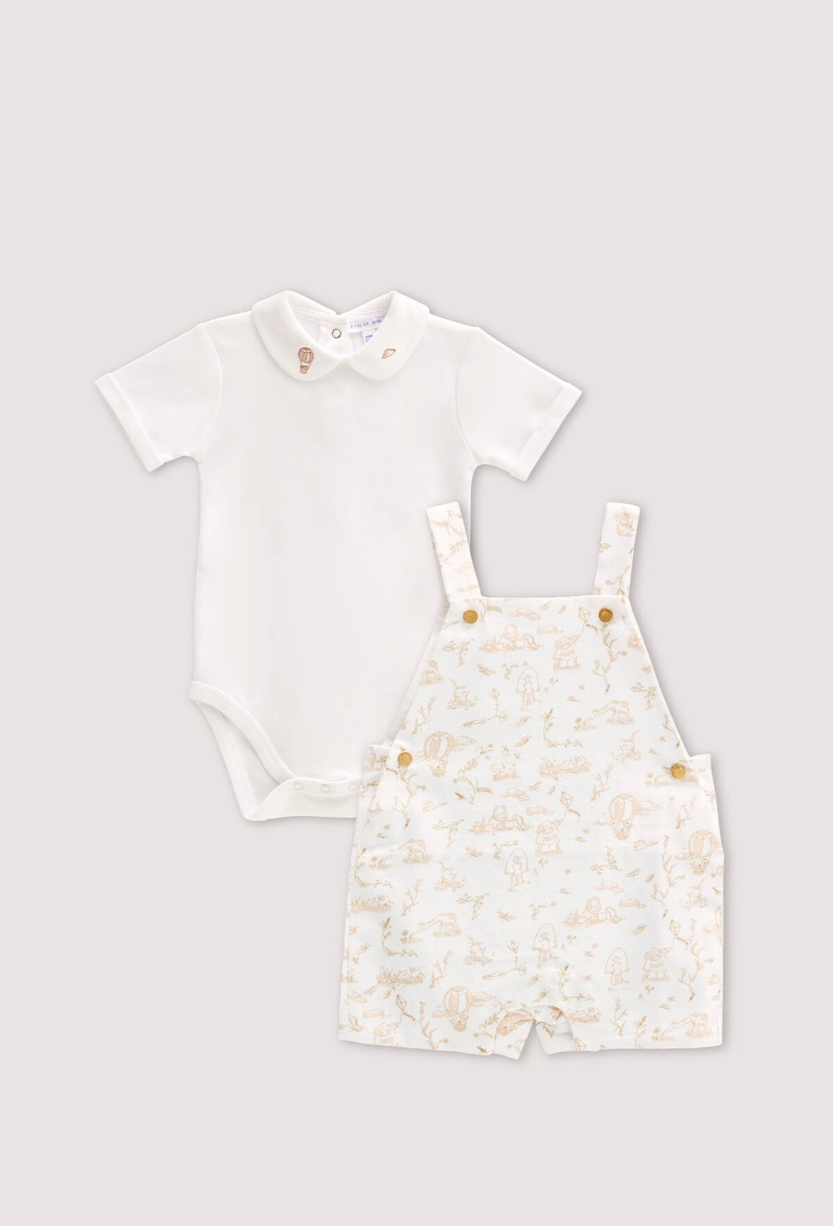 Baby Overalls & Embroidered Body Set - Toile De Jouy / Beige