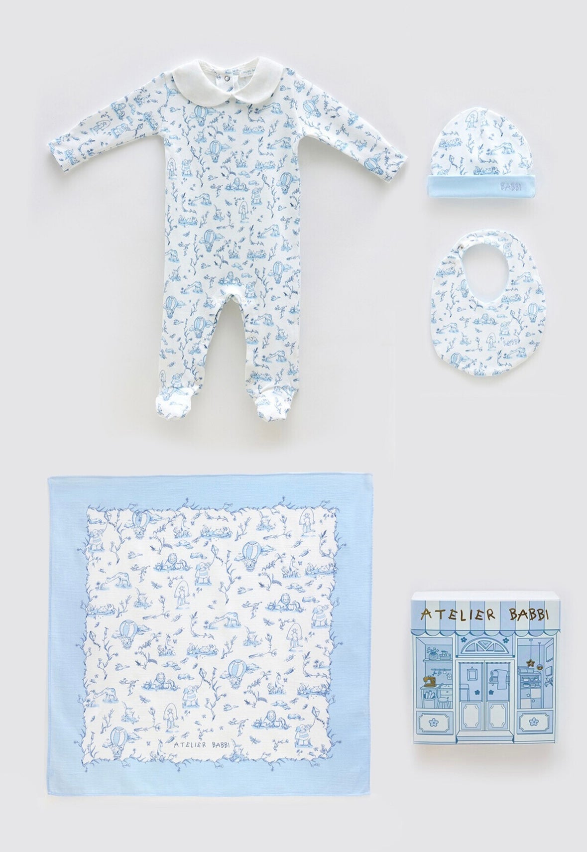 4-Piece Newborn Set – Toile De Jouy / Blue